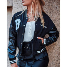 Letter Pattern Long Sleeve Buttoned Baseball Jacket - black