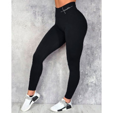 Letter Pattern Print High Waist Sporty Pants - black