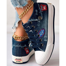 Letter Pattern Ripped Lace-up Sneakers - dark blue