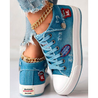 Letter Pattern Ripped Lace-up Sneakers - Lighted Blue