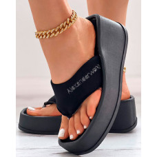 Letter Pattern Soft Platform Wedge Flip Flops - black