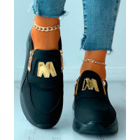 Letter Pattern Zip Decor Wedge Sneaker - black