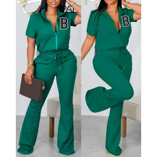 Letter Pattern Zipper Design Coat & Drawstring Pants Set - green