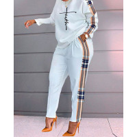 Letter Plaid Print Long Sleeve Top & Pants Set - white