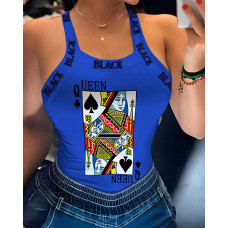 Letter Poker Print Sleeveless Bowknot Decor Top - blue