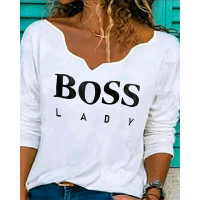 Letter Print Asymmetrical Neck Long Sleeve T-shirt - white