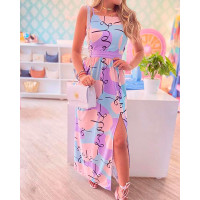 Letter Print Backless Split Thigh Cami Maxi Dress - Multicolor