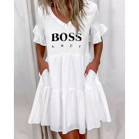 Letter Print Bell Sleeve Ruffles Casual Dress - white