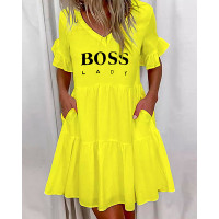 Letter Print Bell Sleeve Ruffles Casual Dress - yellow