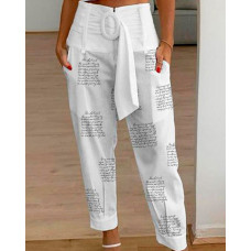 Letter Print Belted Cuffed Pants - white