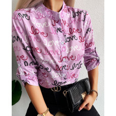 Letter Print Button Front Casual Shirt - pink