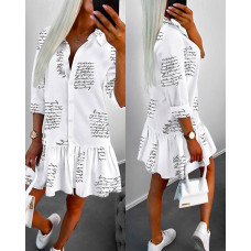 Letter Print Buttoned Ruffle Hem Shirt Dress - white