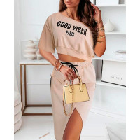 Letter Print Casual Top & Slit Drawstring Skirt Set - Apricot