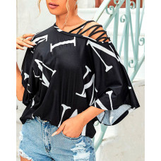 Letter Print Cold Shoulder Bell Sleeve Top - black