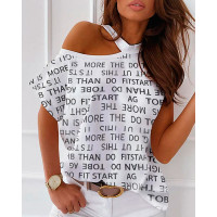 Letter Print Cold Shoulder Casual Top - white