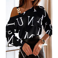 Letter Print Cold Shoulder Chain Decor Top - black