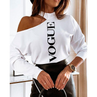 Letter Print Cold Shoulder Long Sleeve Tee - white