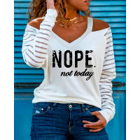 Letter Print Cold Shoulder Mesh Long Sleeve Top - white