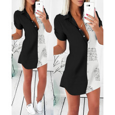 Letter Print Colorblock Button Front Shirt Dress - blackwhite