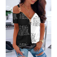 Letter Print Colorblock Cold Shoulder Top - blackwhite