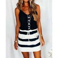 Letter Print Colorblock Drawstring Casual Dress - black