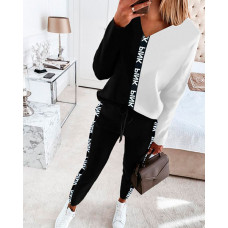 Letter Print Colorblock Long Sleeve Top & Drawstring Pants Set - black