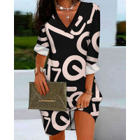 Letter Print Contrast Lace Long Sleeve Casual Dress - black