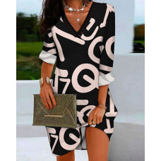 Letter Print Contrast Lace Long Sleeve Casual Dress - black