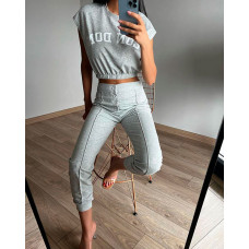 Letter Print Crop Top & Buttoned Pants Set - gray