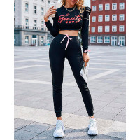 Letter Print Crop Top & Pants Set - black