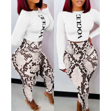 Letter Print Crop Top & Snakeskin High Waist Pants Set - snakeskin