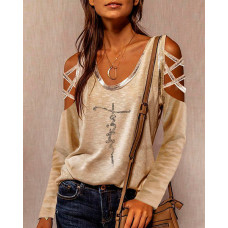 Letter Print Cross Strap Cold Shoulder Top - khaki