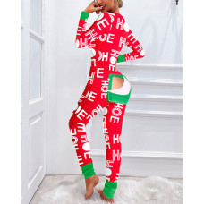 Letter Print Cutout Functional Buttoned Flap Adults Pajamas - red