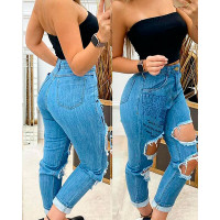 Letter Print Cutout Raw Hem Jeans - blue