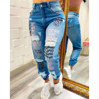 Letter Print Cutout Ripped Cuffed Jeans - blue