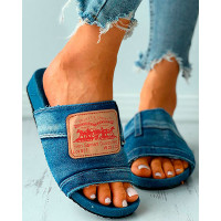 Letter Print Denim Patch Flat Sandals - blue