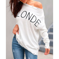 Letter Print Fringe Hem Casual Sweaters - white