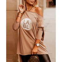 Letter Print High Low Hem Long Sleeve Top - khaki