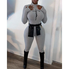 Letter Print High Neck Long Sleeve Skinny Jumpsuit - gray