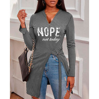 Letter Print High Split Zip Front Top - gray