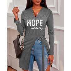 Letter Print High Split Zip Front Top - gray