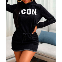 Letter Print Hooded Casual Dress - black