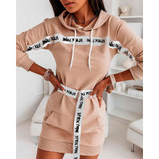 Letter Print Hooded Pocket Front Dress With Belt - pink