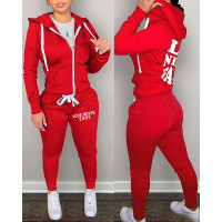 Letter Print Hooded Zip Up Top & Pants Set - red