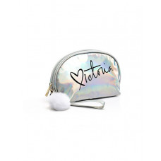 Letter Print Laser Pom Pom Makeup Bag - silver