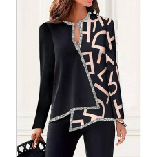 Letter Print Long Sleeve Asymmetrical Hem Top - black