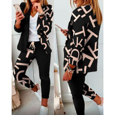 Letter Print Long Sleeve Blazer & Drawstring Pants Set - black