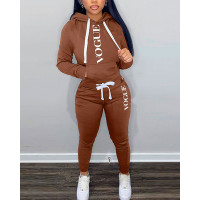 Letter Print Long Sleeve Casual Hoodie & Pants Set - coffee