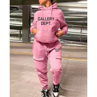 Letter Print Long Sleeve Casual Hoodie & Pants Set - pink