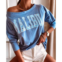 Letter Print Long Sleeve Casual Sweatshirt - blue